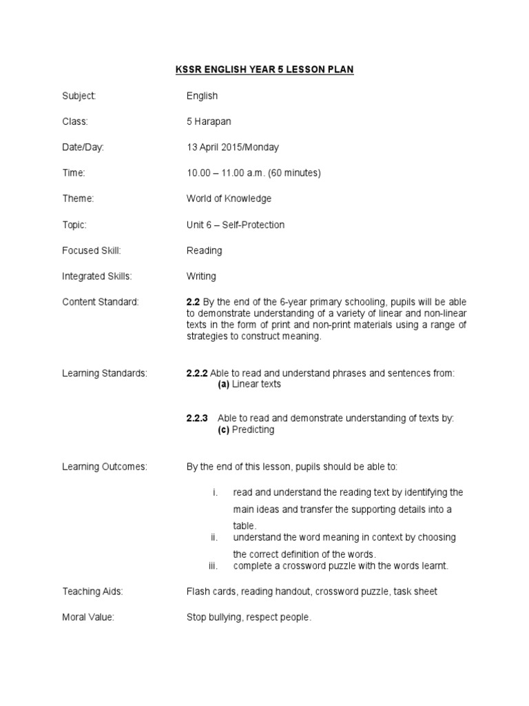 English KSSR Year 5 Unit 6 Lesson Plan | PDF | Lesson Plan | Reading ...