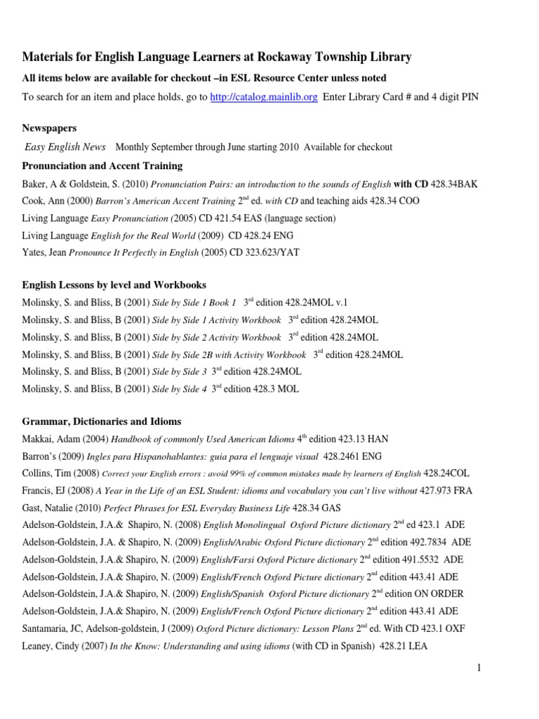 New Materials For English Language Learners at Dover Library PDF