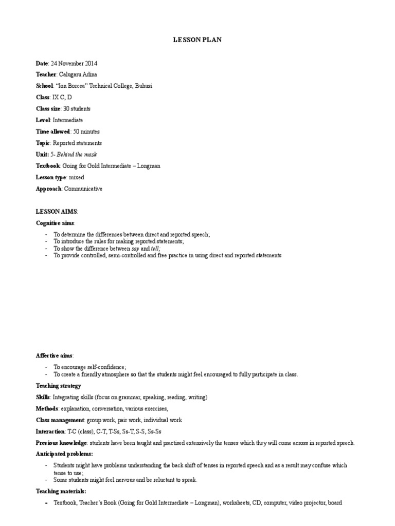 Reported Speech Lesson Plan Guide | PDF | Lesson Plan | Semiotics