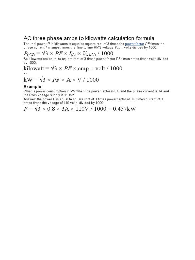 AC Three Phase Amps to Kilowatts Calculation Formula