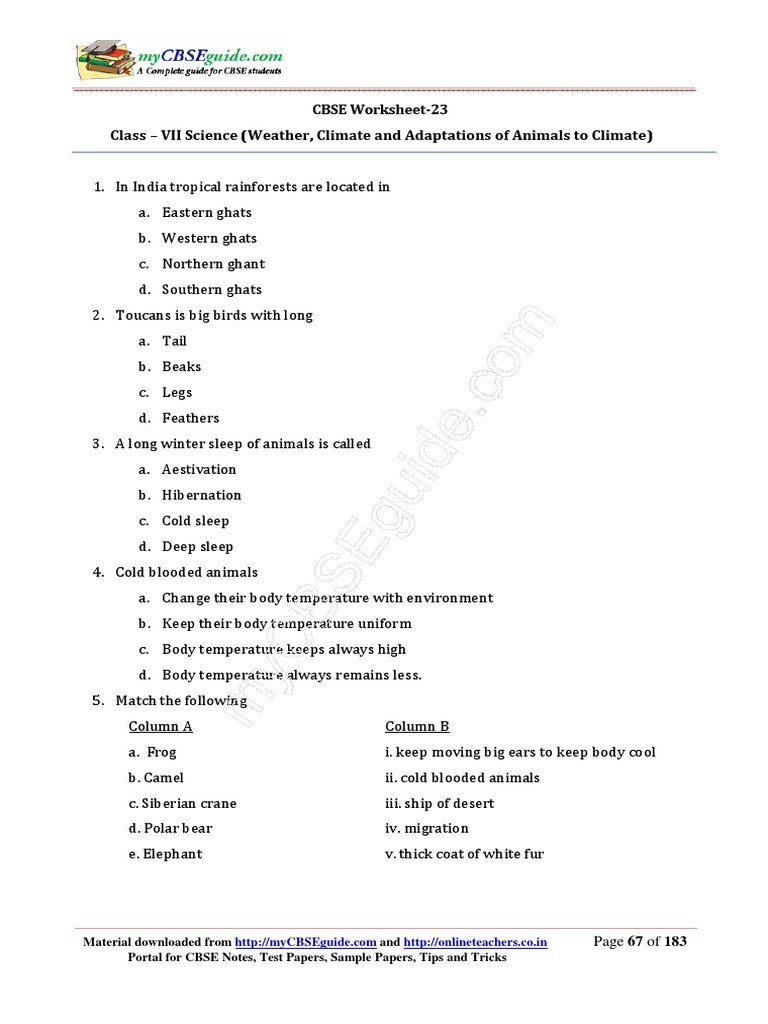 CBSE Class 7 Science: Weather & Climate Worksheet | PDF
