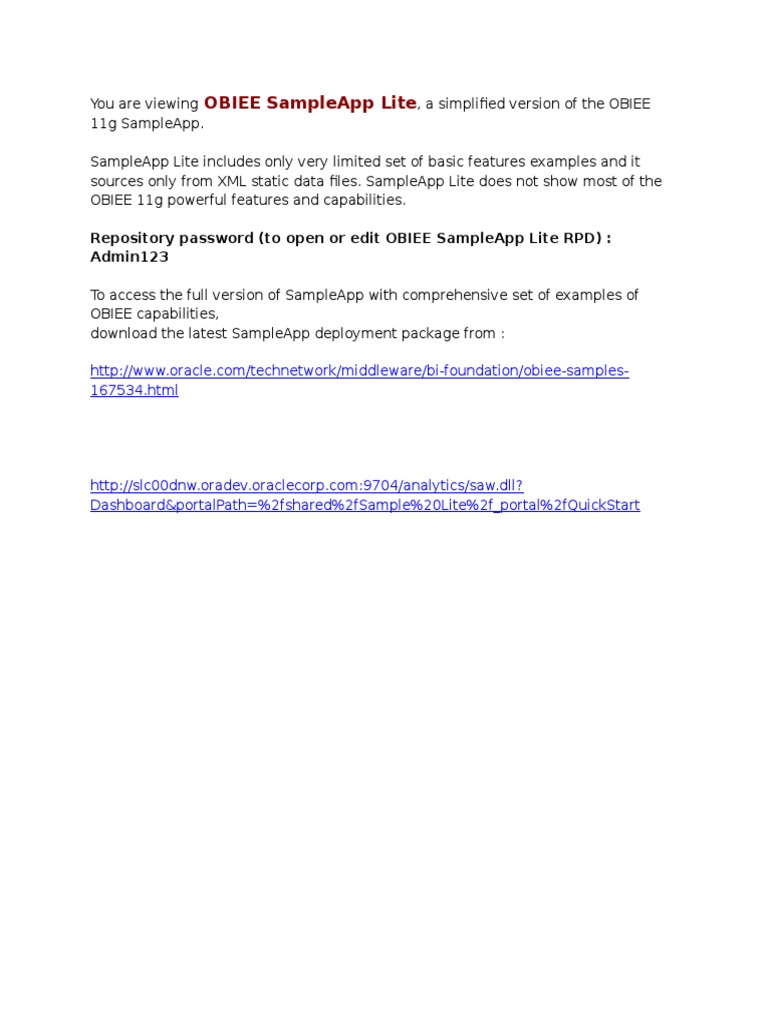 OBIEE SampleApp Lite Overview | PDF
