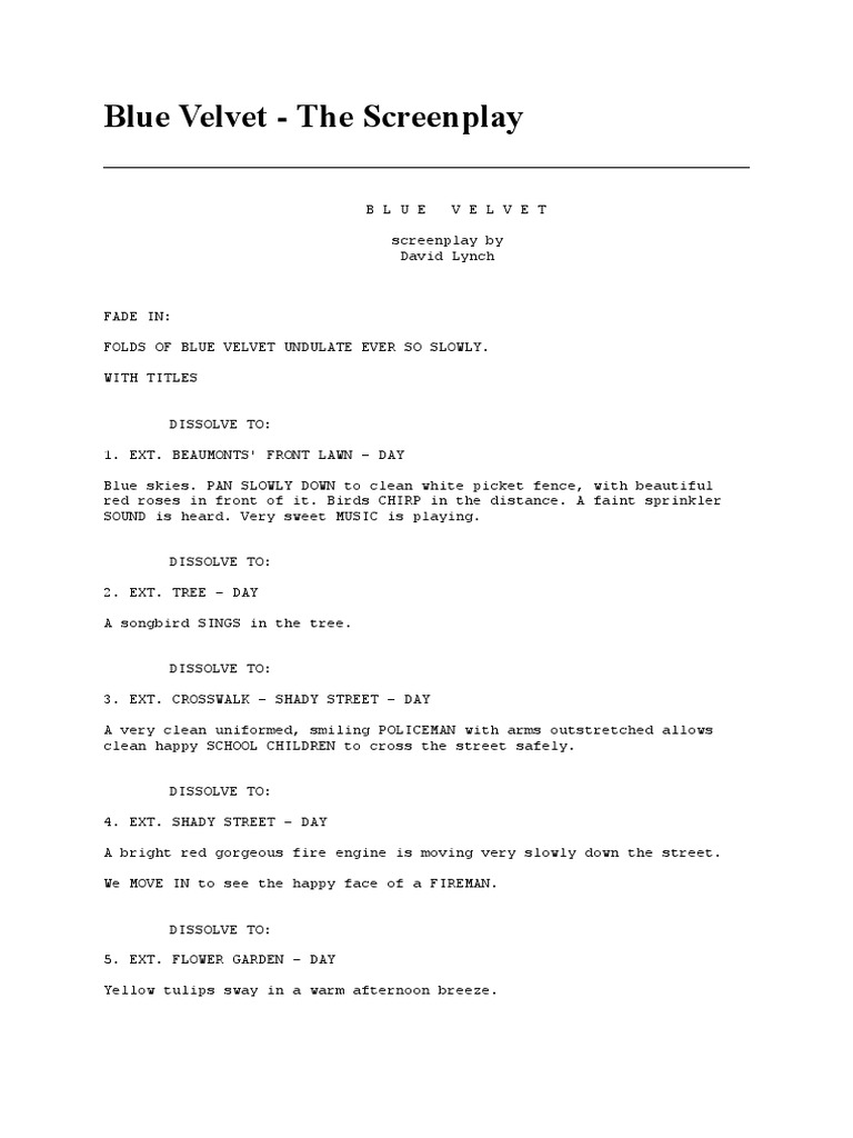Blue Velvet - Film Script | PDF | Bathroom | Stairs