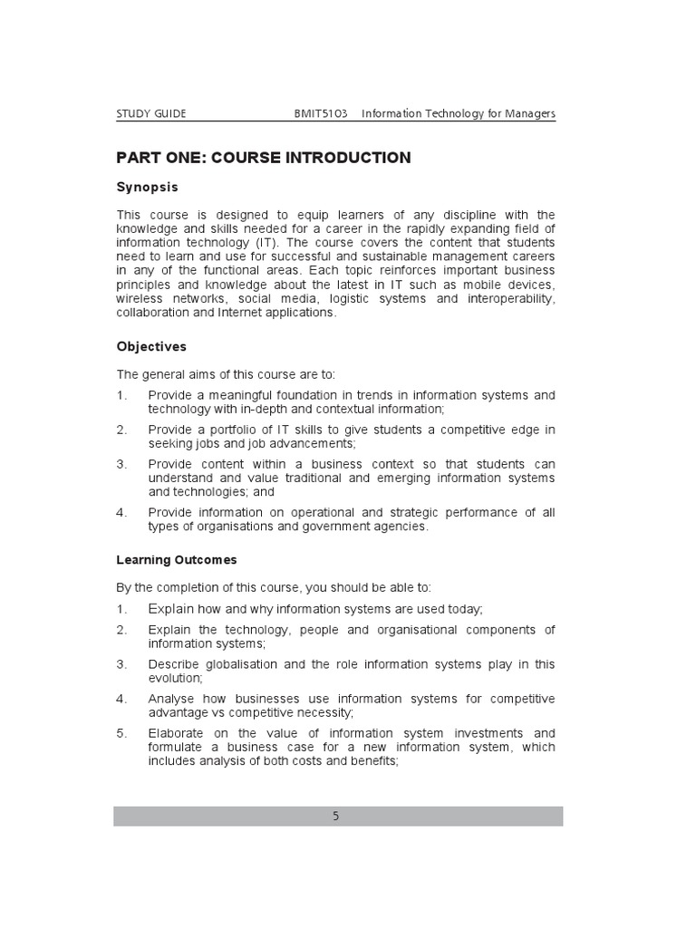 BMIT 5103 Part One Course Introduction PDF Information System