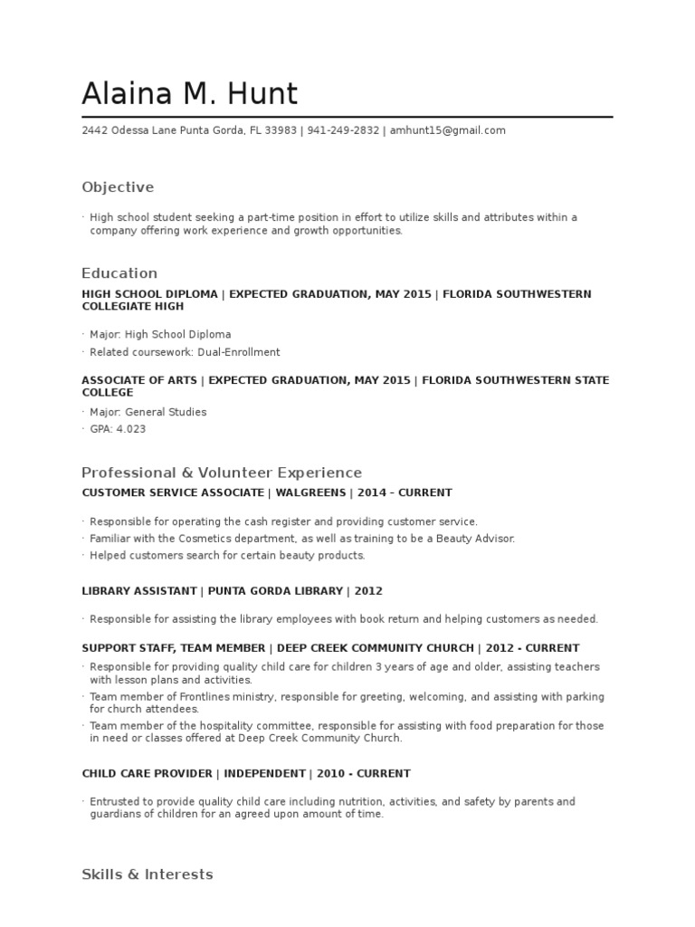 High School Student Resume for Part-Time Job | PDF