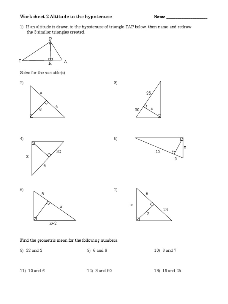 Worksheet Altitude To The Hypotenuse 2 Geometric Shapes Geometry