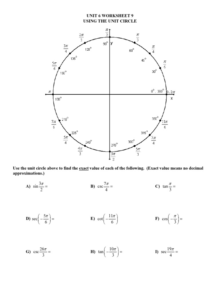 Unit 6 Worksheet 9 Using Unit Circle Mixed Sine Trigonometric Functions