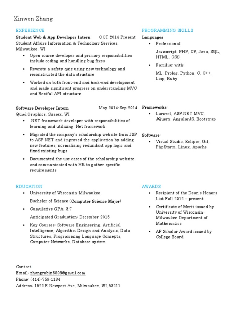 Web & App Developer Internship Resume | PDF