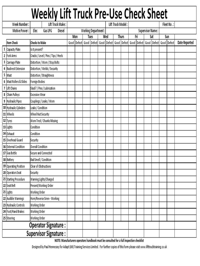 Printable Free Weekly Forklift Inspection Checklist Template