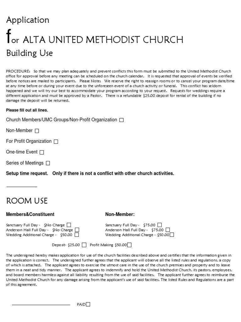 Alta UMC Building Use Application | PDF | United Methodist Church ...