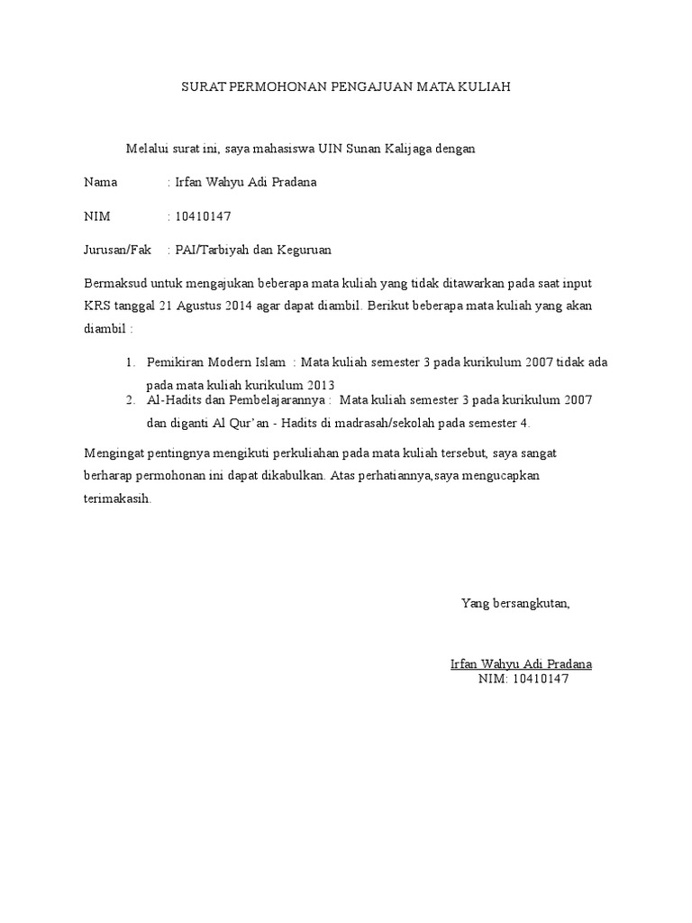 Surat Permohonan Pengajuan Mata Kuliah Docx