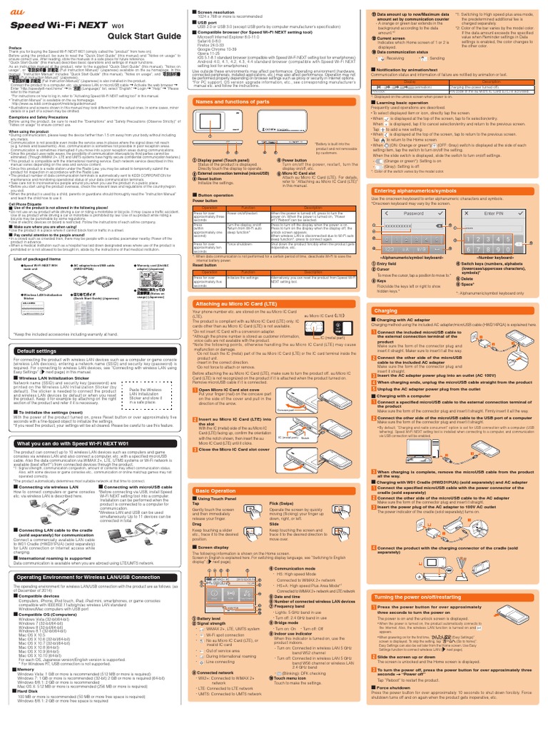 Au Speed Wi-Fi NEXT W01 Quick Start Guide | PDF