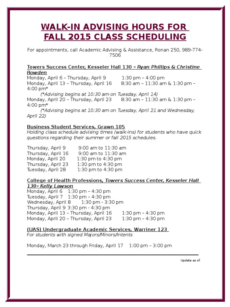 Walk in Advising Hours, Fall 2015, April Registration | PDF