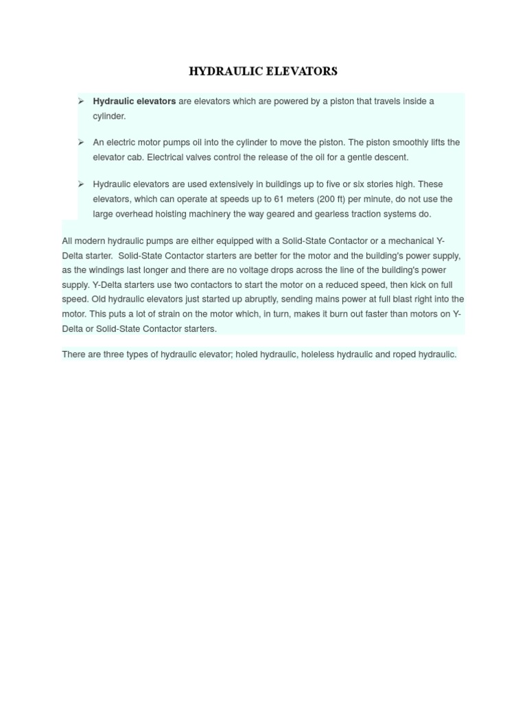 Types and Function of Hydraulic Elevators | PDF | Technology & Engineering
