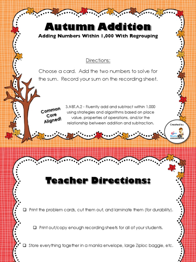 Autumn Addition: 3-Digit Regrouping | PDF | Teaching Methods ...