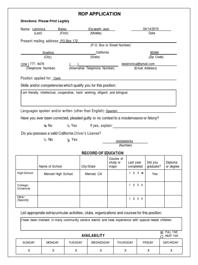 ROP Clerk Application for Latronica Bailey | PDF | Post Office Box ...