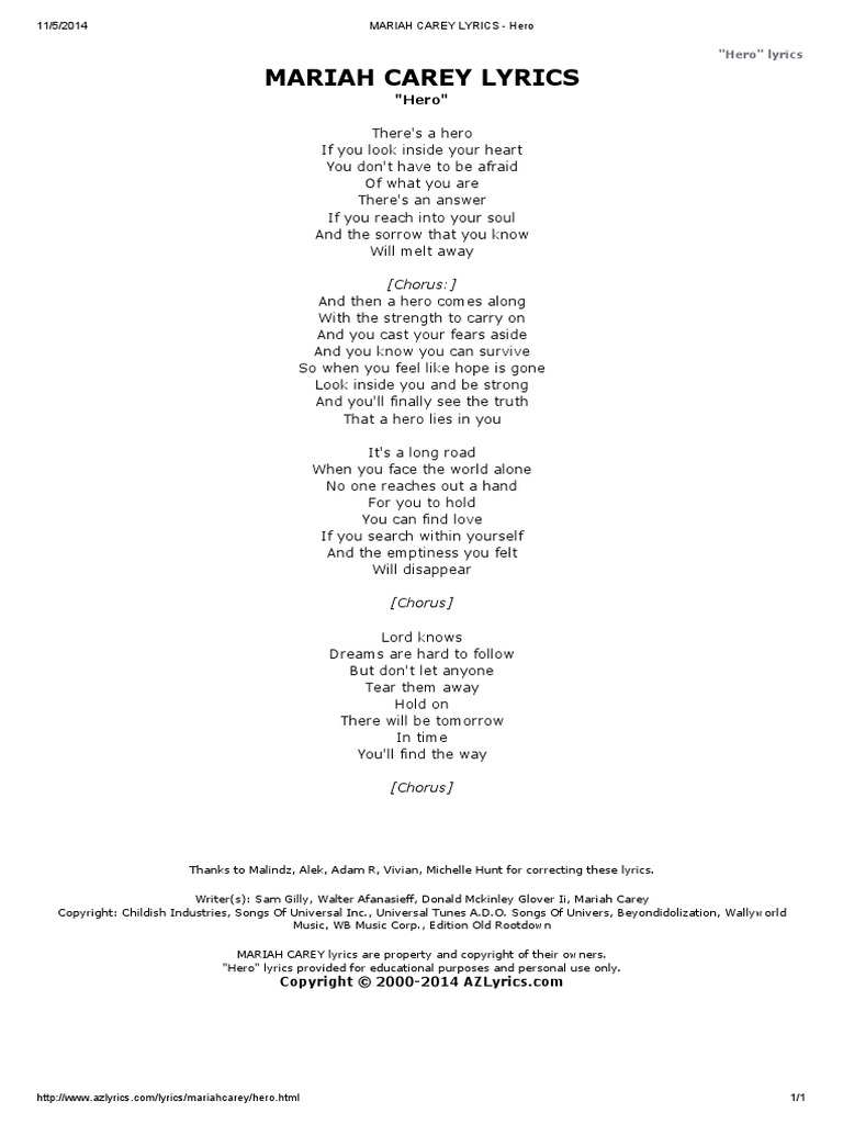 Mariah Carey Lyrics - Hero | PDF