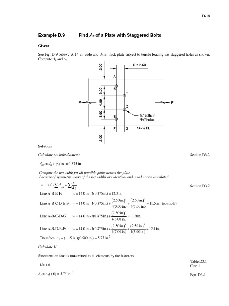 Example D.9 Find A of A Plate With Staggered Bolts: Calculate Net Hole ...
