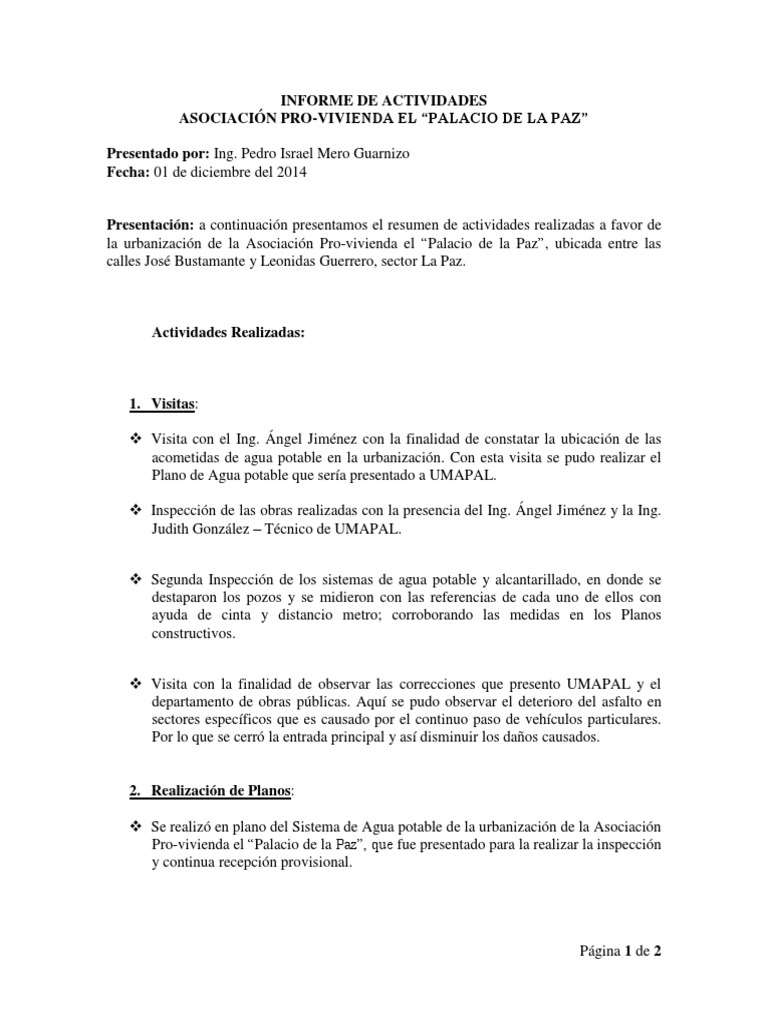 Informe de Actividades - Urb. La Paz | PDF