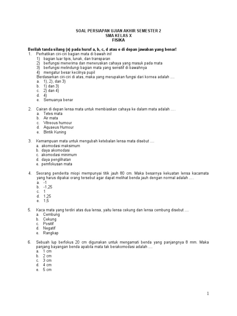 Kisi Kisi Soal Ulangan Semester Genap Fisika Kls 10