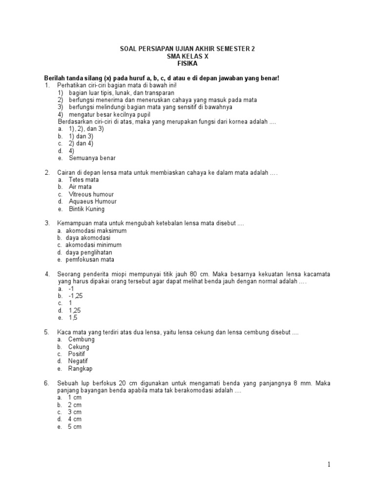 Soal Fisika Kelas X Sma Persiapan Ujian Akhir Semester 2