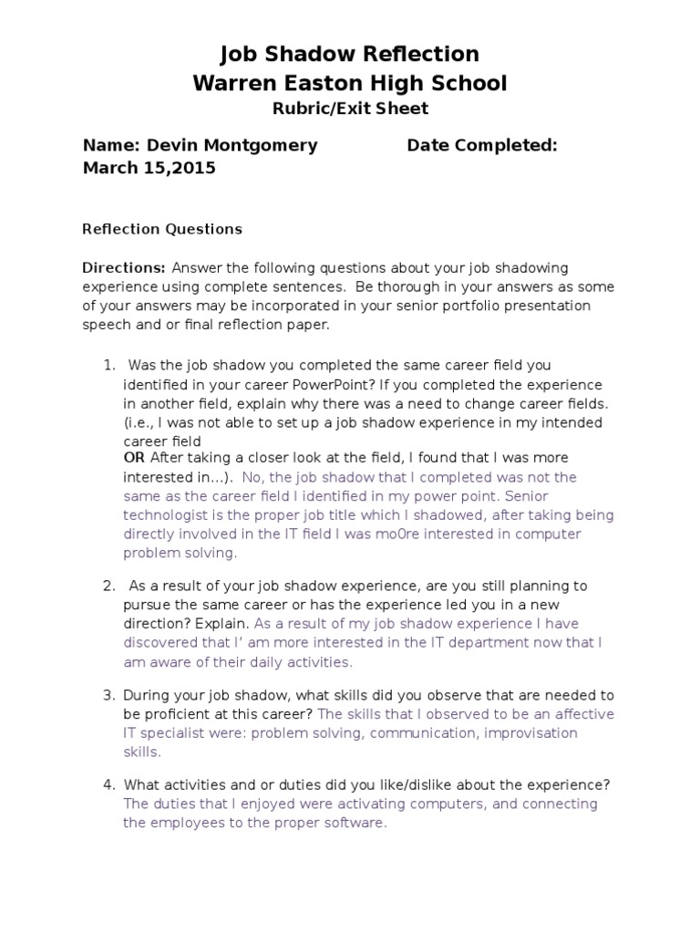 Job shadow student reflection essay 08 image