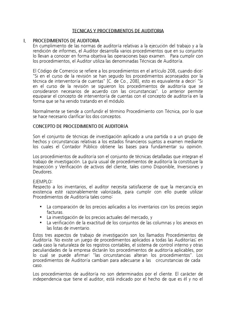 Tecnicas y Procedimientos de Auditoria | PDF | Auditoría financiera ...
