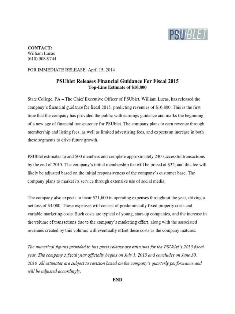 PSUblet 2015 Financial Guidance Release | PDF