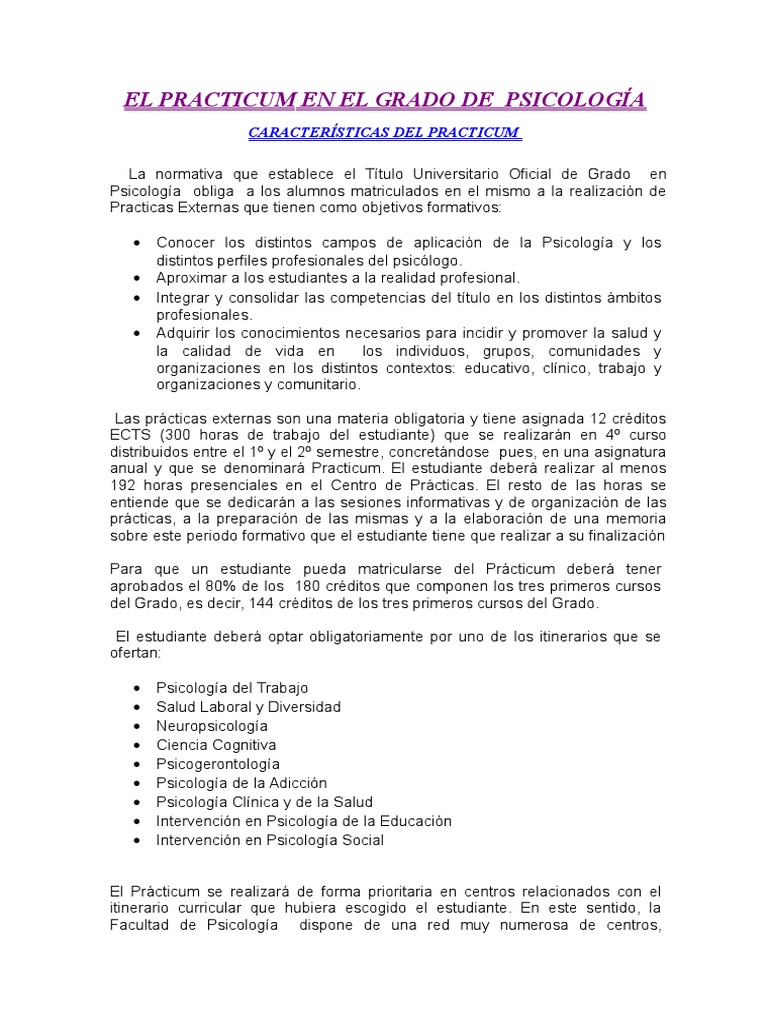 Practicum en Psicología: Requisitos y Organización | PDF | Sicología ...