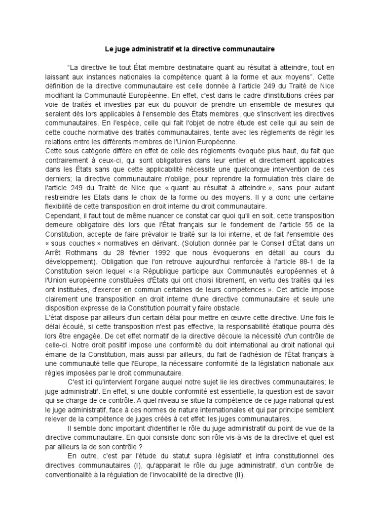 Le Juge Administratif Et Le Droit De L union Européenne Dissertation Le Juge Administratif Et La Directive Communautaire | PDF | Directive (Union  européenne) | Droit de l'Union européenne