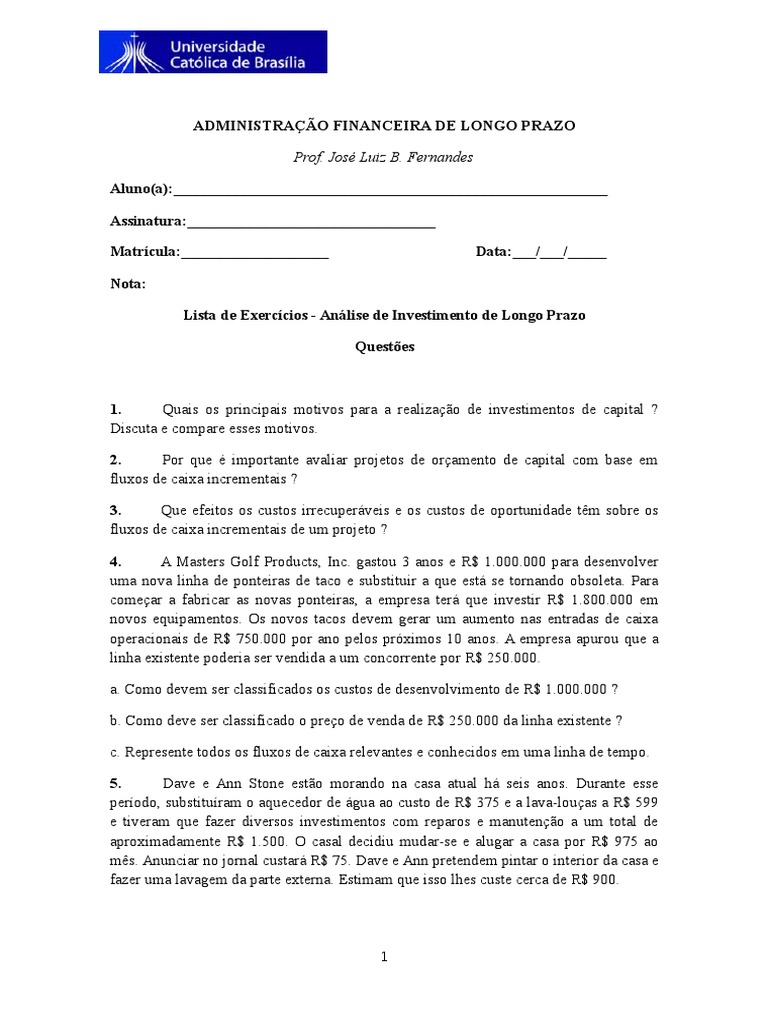 Lista Exercicios CPA20 - Administração Financeira