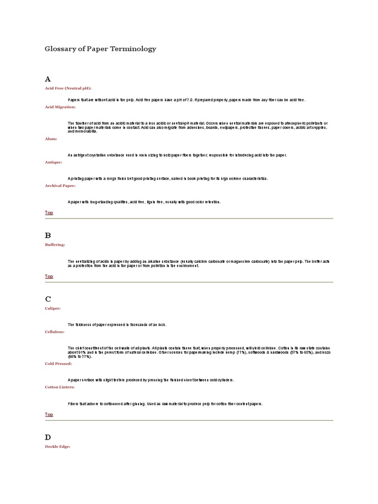 Glossary of Paper Terminology PDF Papermaking Paper