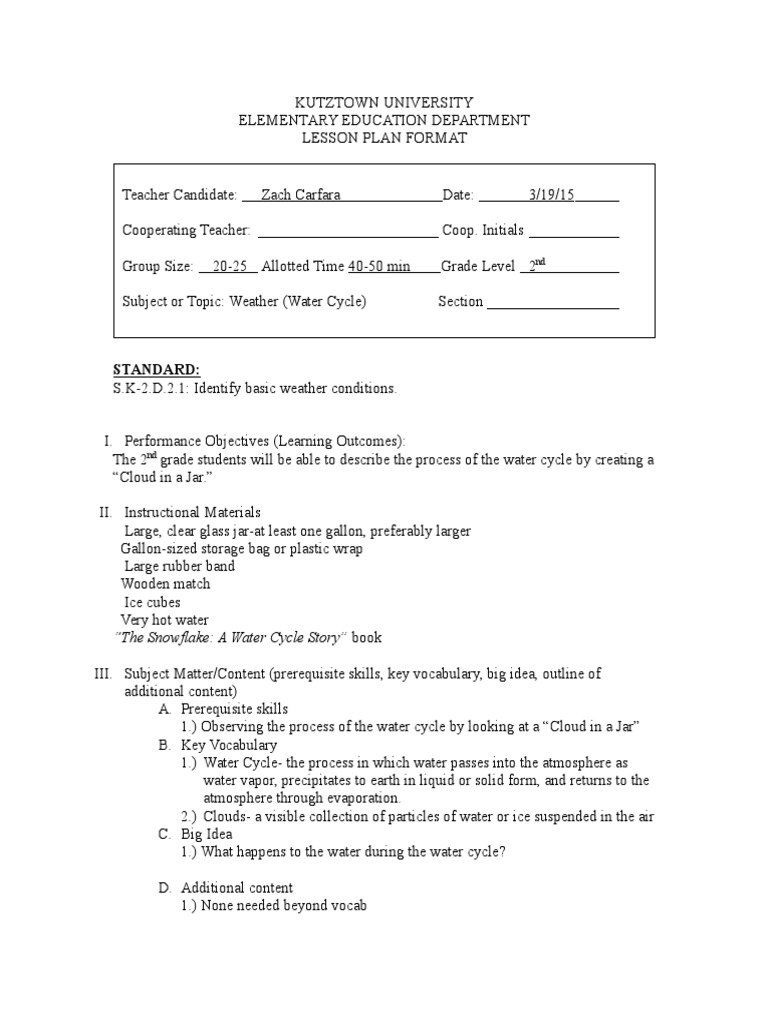 Water cycle lesson plan 2nd grade