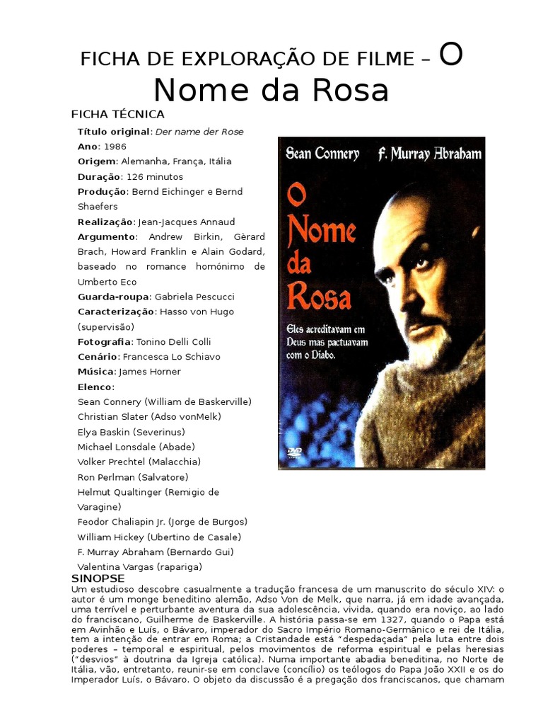 Ficha de Exploração de Filme o Nome Da Rosa 2 Abadia Igreja Católica