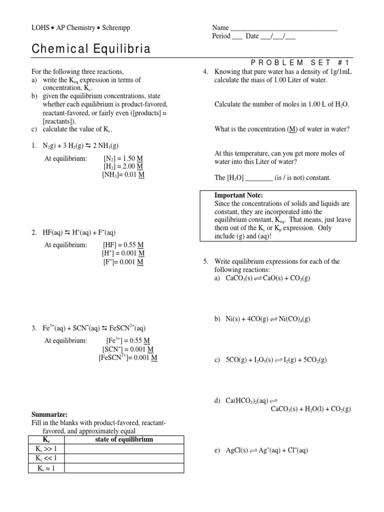 Chemical Equilibria Problem Set Guide | PDF | Chemical Equilibrium ...