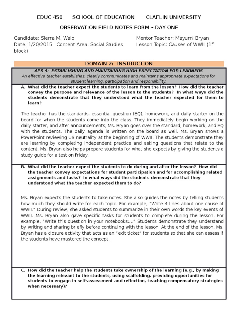Observation Field Notes Form Teachers Test Assessment Free 30