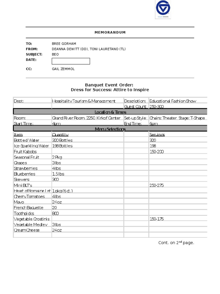 Banquet Event Order for Dress for Success | PDF | Business | Home & Garden