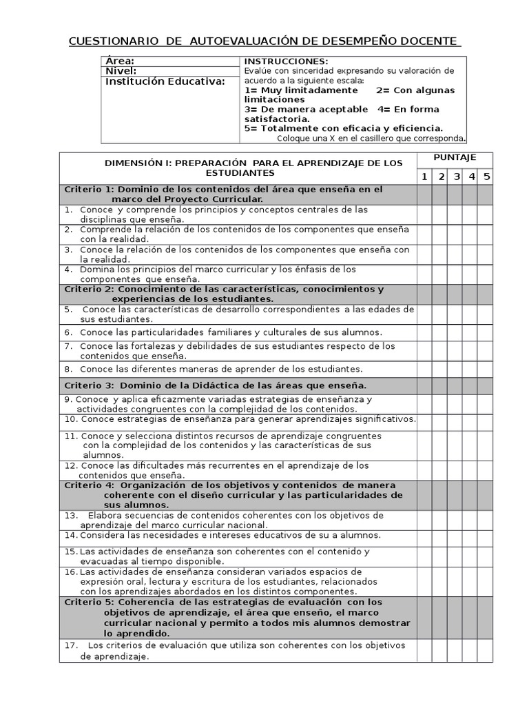 cuestionario de evaluacion de desempeño docente Aprendizaje
