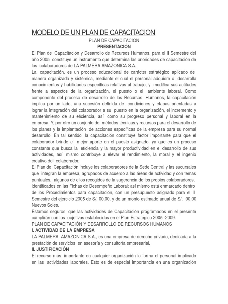 Modelo de Un Plan de Capacitacion | Descargar gratis PDF ...