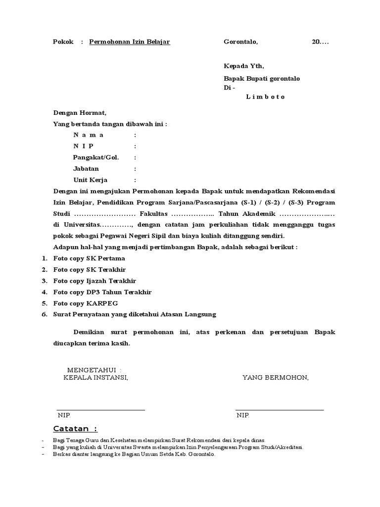 contoh permohonan izin tugas belajar