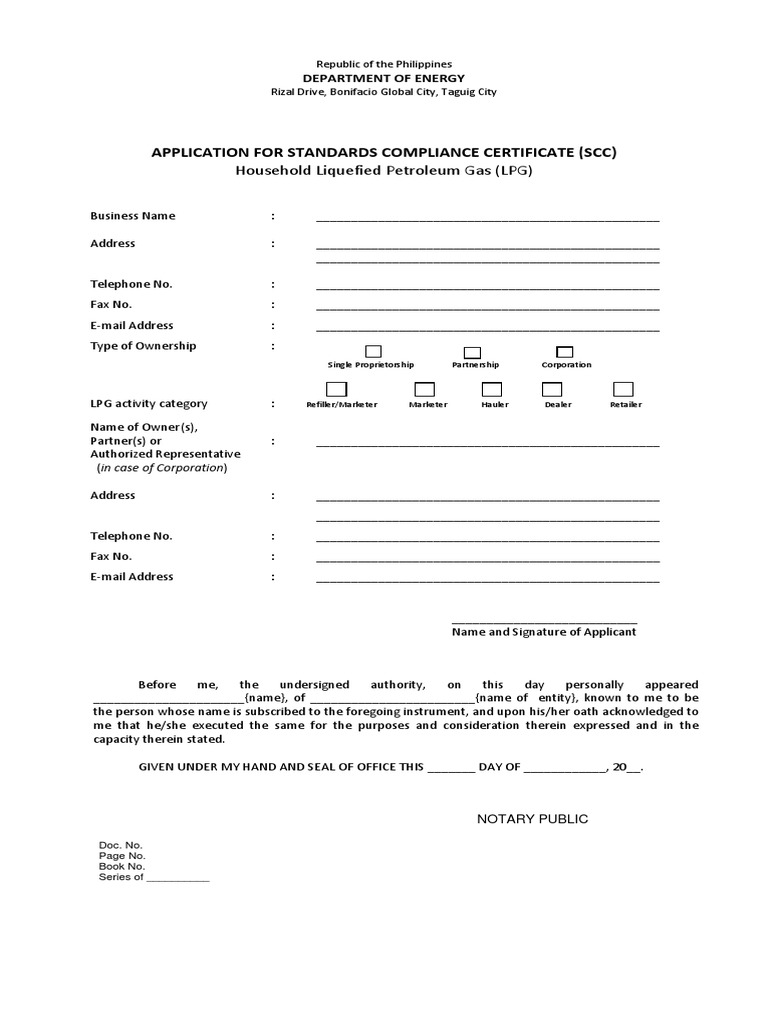 Application for Standards Compliance Certificate
