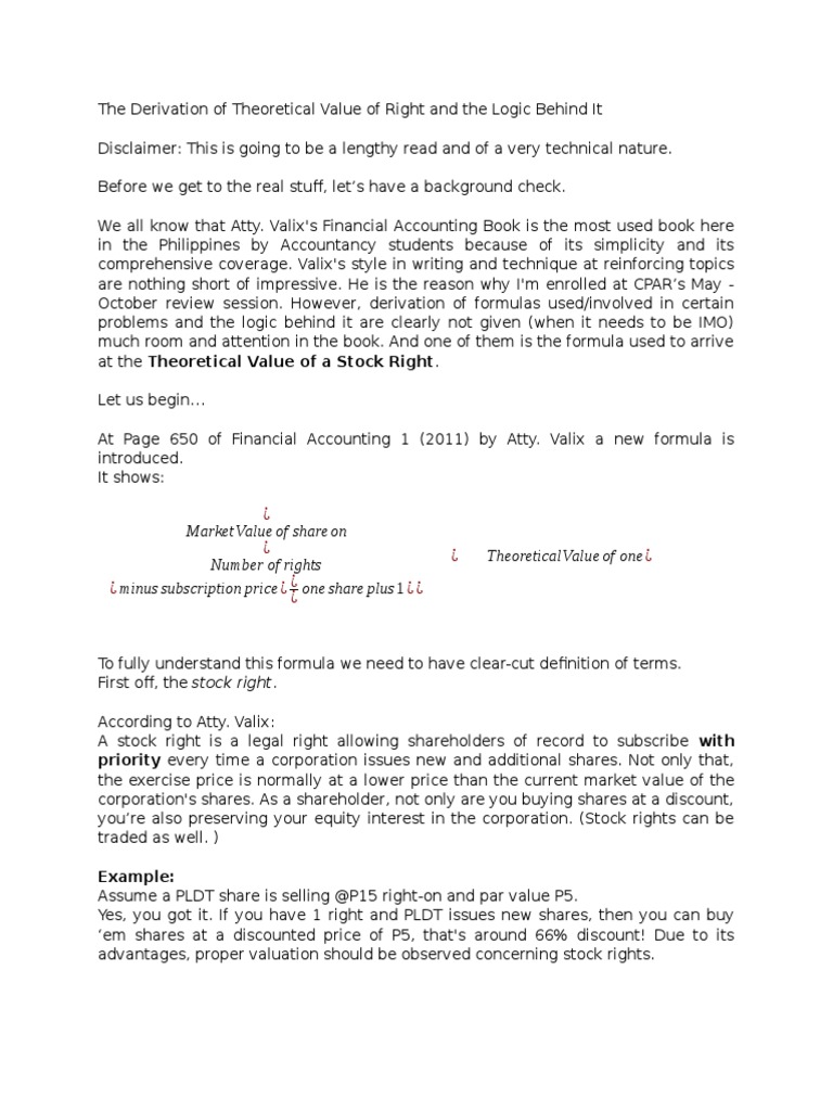 Theoretical Value of Stock Rights Explained | PDF | Stocks | Prices