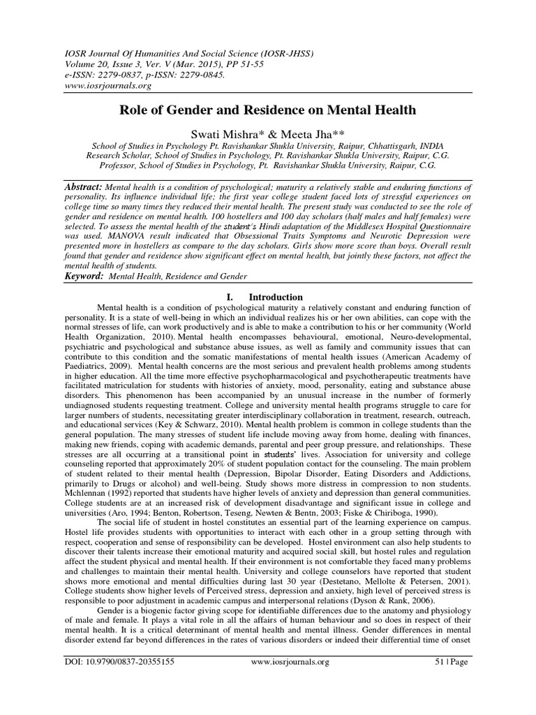 Gender and Residence Impact on Mental Health | PDF | Mental Health ...