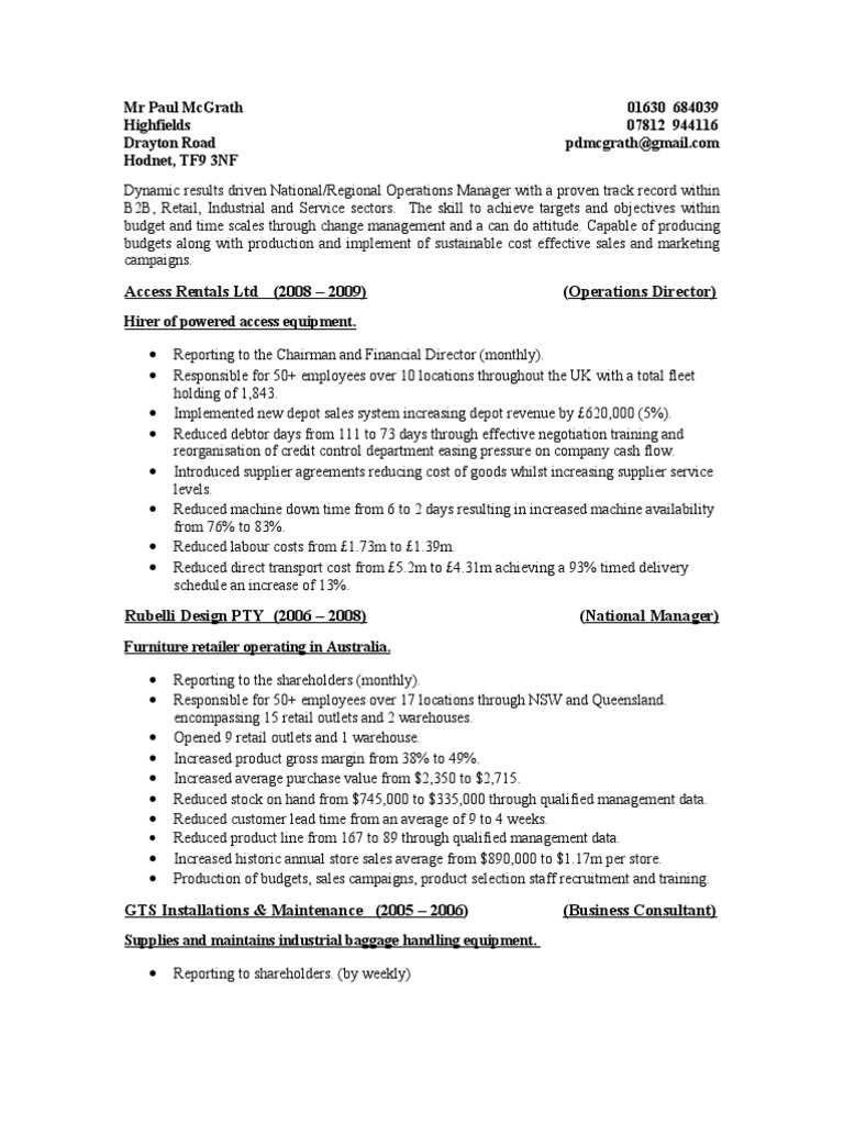 Paul McGrath Career Summary PDF Employment Retail