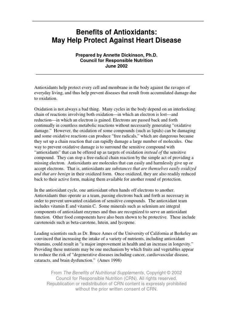 Benefits of Antioxidants May Help Protect Against Heart Disease PDF Vitamin E