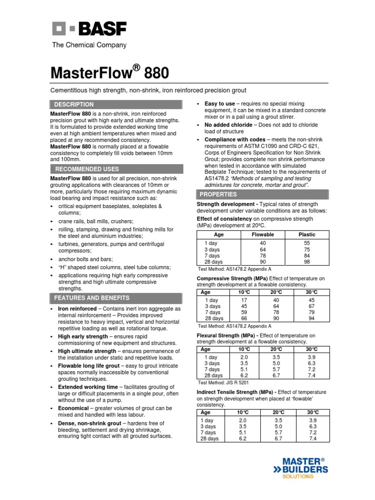 Masterflow 880 | PDF | Strength Of Materials | Concrete