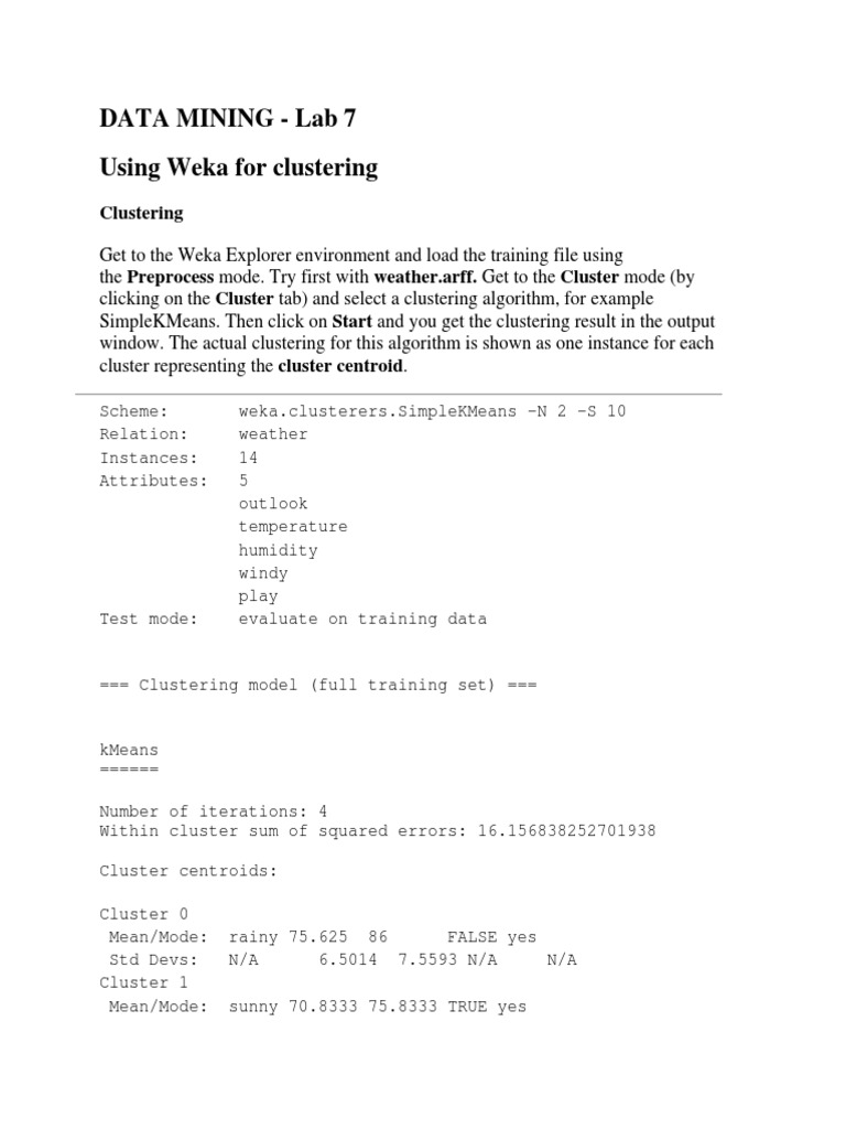 Data Mining Lab 7 Using Weka For Clustering PDF Cluster Analysis