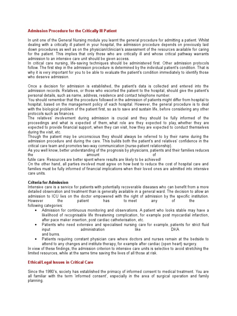Admission Procedure For The Critically Ill Patient | PDF | Informed ...