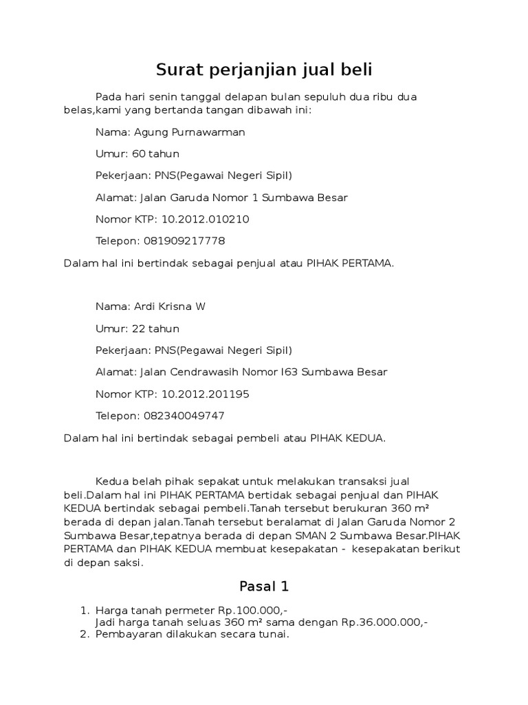 Contoh Surat Perjanjian Jual Beli