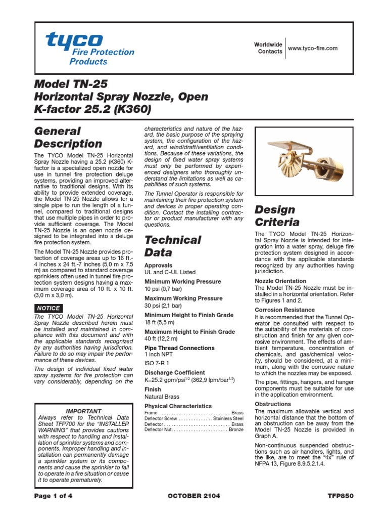 Model TN25 Horizontal Spray Nozzle, Open KFactor 25.2 (K360) General